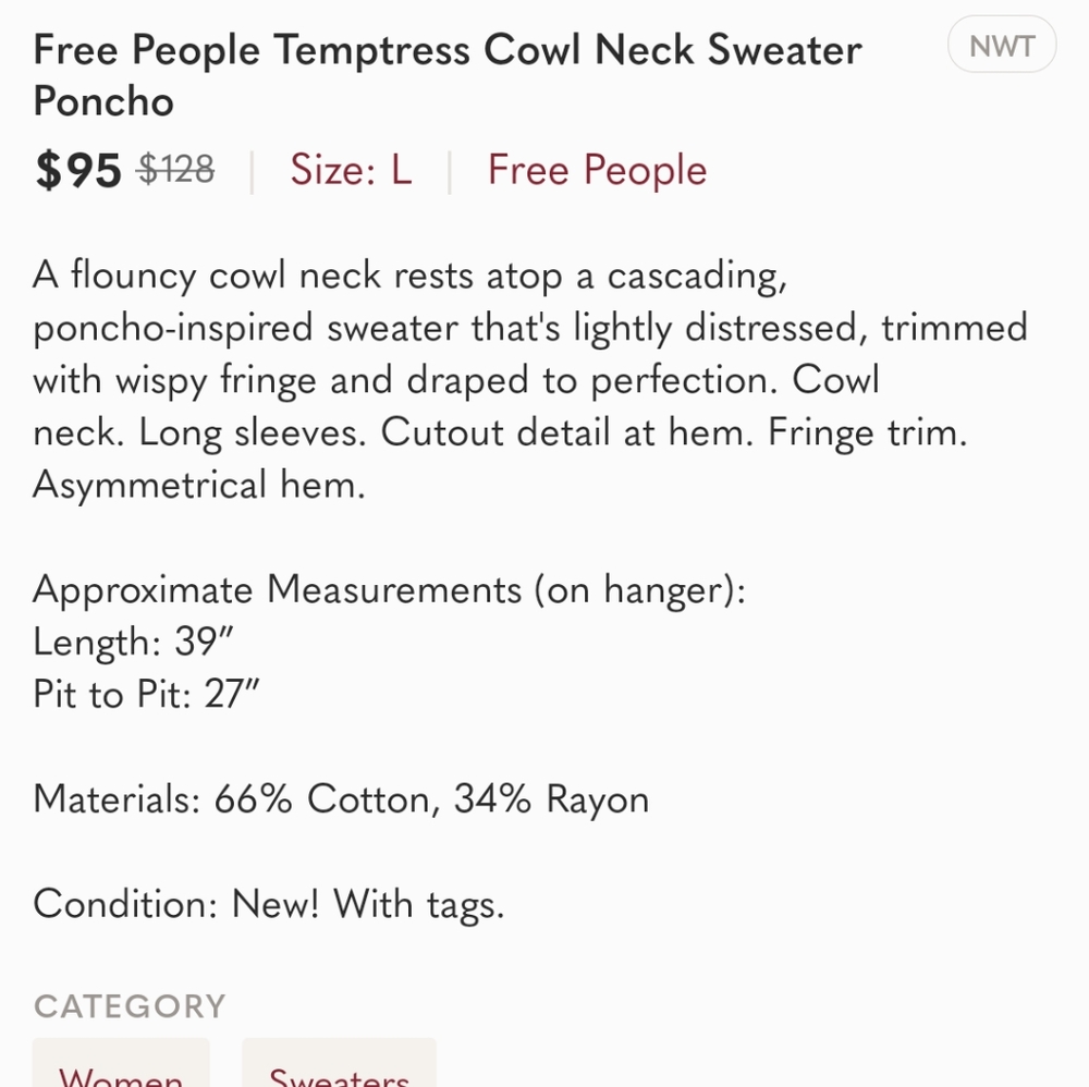 Free People Temptress Cowl Neck Sweater Poncho - Picture 13 of 13